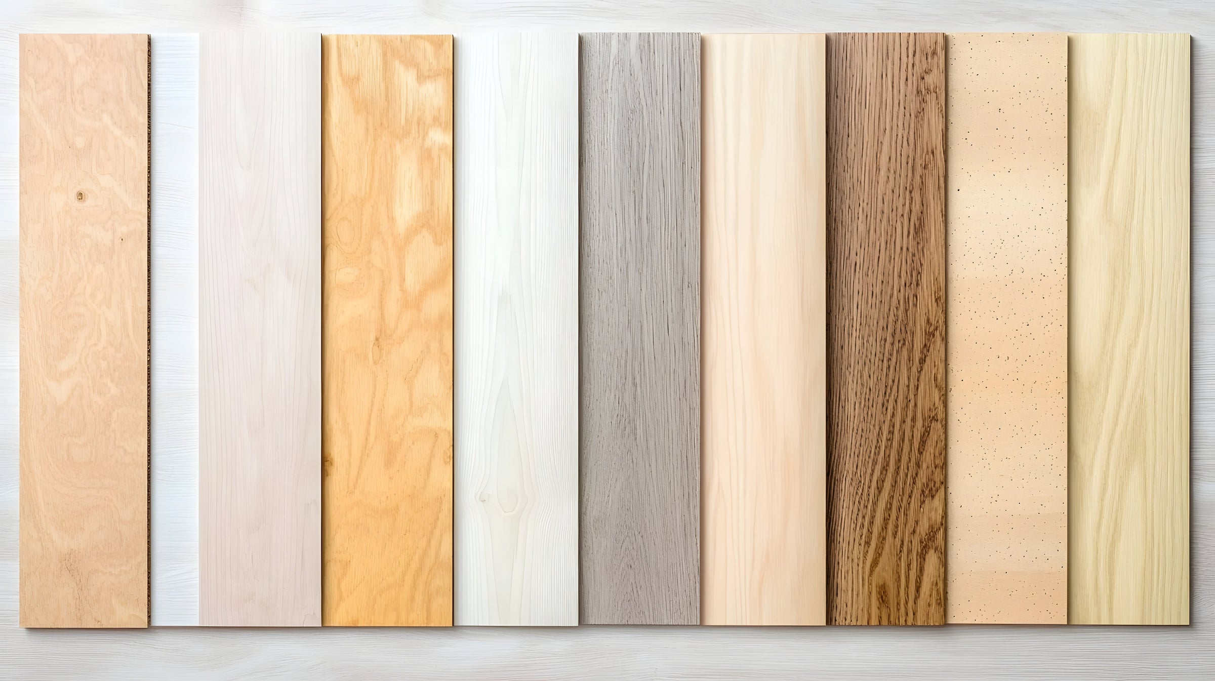 Strips of various types of wood laid side by side, showcasing different wood grains and colours