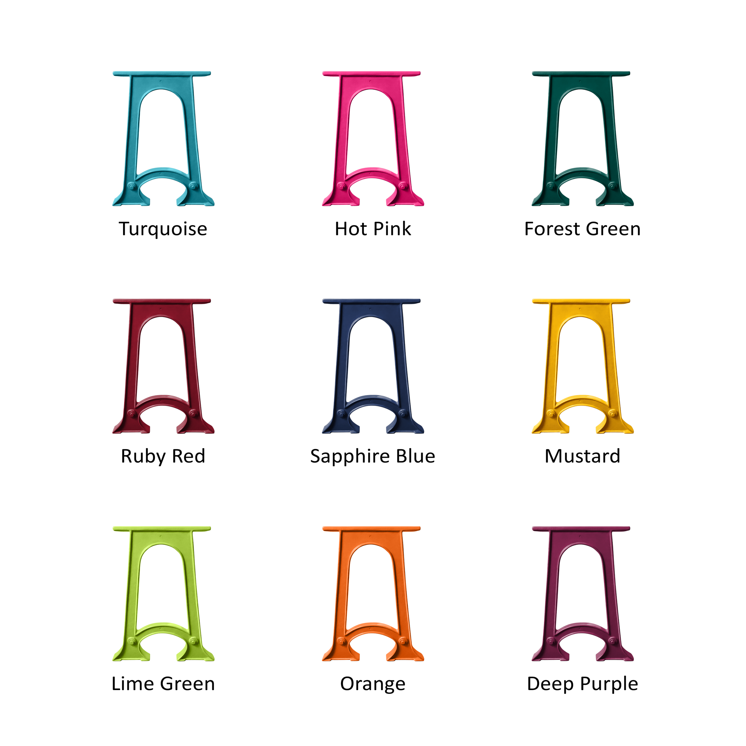 Graphic showcasing nine different furniture leg designs in various colors, highlighting customizable options for personalised furniture styling and finishes.
