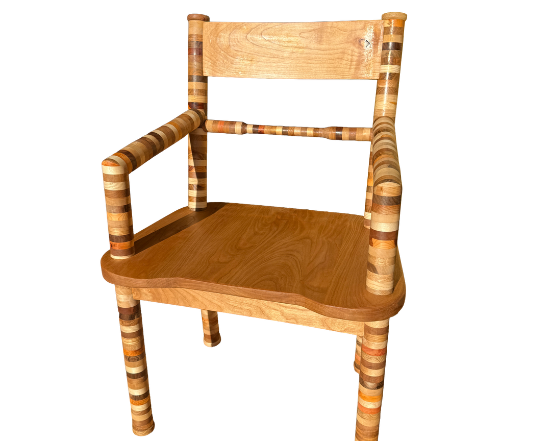 A wooden dining chair with a solid wood seat and backrest, paired with striped wooden armrests and legs, shown against a plain white background.