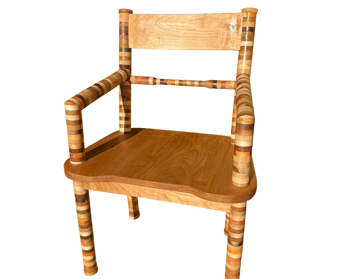 A wooden dining chair with a solid wood seat and backrest, paired with striped wooden armrests and legs, shown against a plain white background.